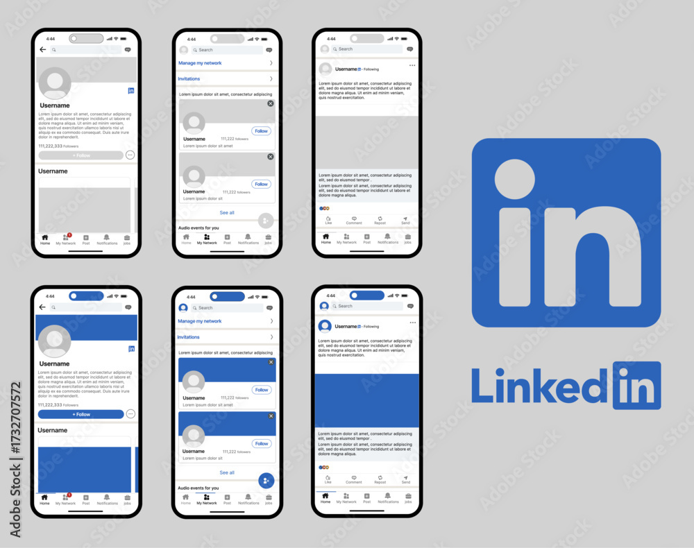 LinkedIn mobile app mockup with Profile, Job Feed, Posts, Messages ...