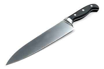 Sharp professional chef's knife with sleek black handle and gleaming stainless steel blade, ready for culinary precision