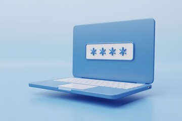 Blue laptop with password field isolated on white background represents security