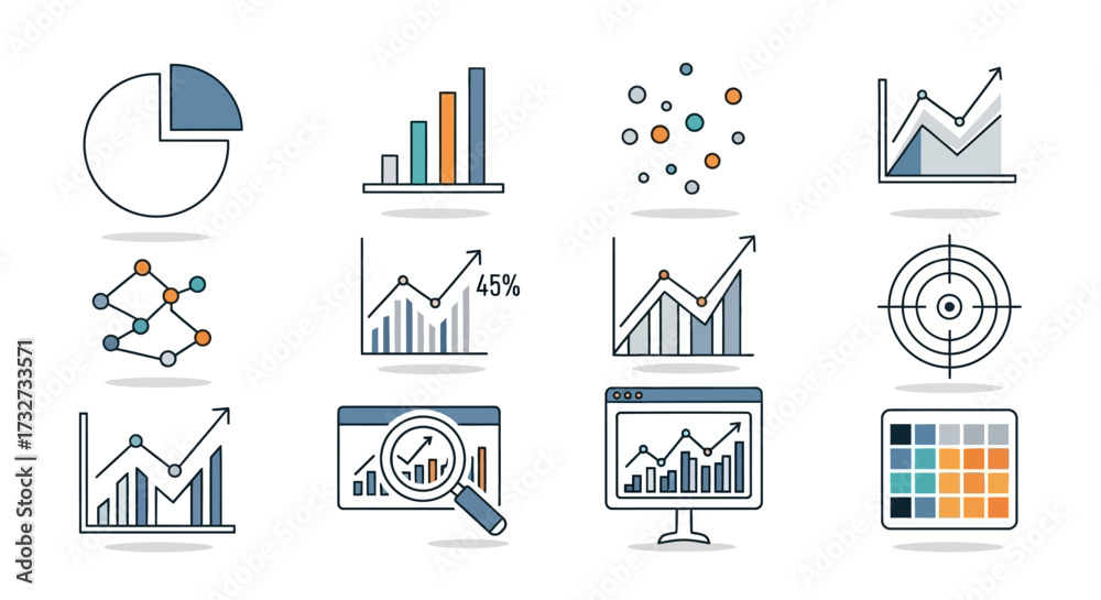 Collection of various data visualization icons, charts, graphs, and ...
