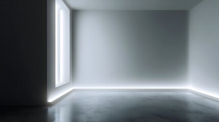 Wall Mural - A minimalist empty white room interior with subtle ambient lighting along the floor and a vertical light source evoking a modern serene atmosphere