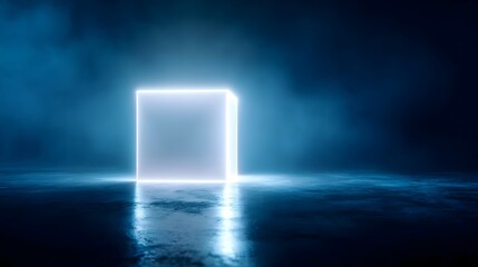 Canvas Print - A glowing ethereal blue neon cube stands on a wet reflective surface surrounded by atmospheric smoke and mist creating a futuristic and mysterious