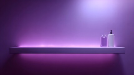 Canvas Print - Minimalist shelf with glowing purple lighting featuring two cosmetic bottles