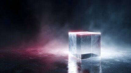 Wall Mural - A transparent cube with neon red top illumination rests on a reflective dark smoky surface