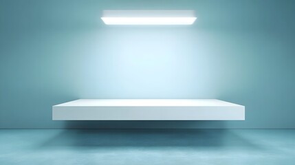 Wall Mural - A modern minimalist studio with a floating white shelf and soft overhead lighting ideal for display and presentation