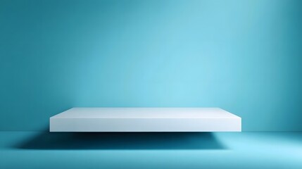 Wall Mural - Minimalist floating white platform on a clean blue studio background with soft ambient light