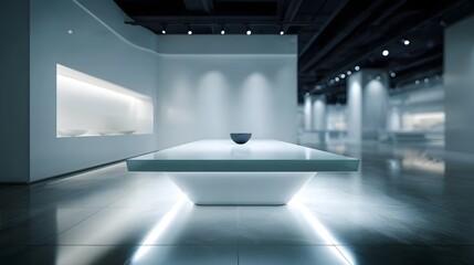Wall Mural - Futuristic minimalist showroom featuring a sleek glass display table illuminated by ambient lights