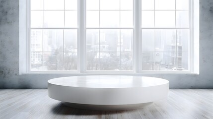 Wall Mural - Minimalist interior with a round white platform in front of large with ambient daylight