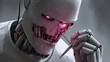 © navisatul - Mechanical humanoid, crafted in a futuristic style, is examining its own internal components, displaying intricate details within its open face, and holding a sharp tool with glowing, pink eyes.