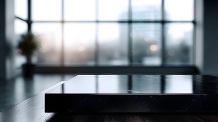 Wall Mural - A glossy black marble tabletop in a modern interior with a blurred city view through large