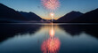 © Artistic Visions - Stunning fireworks explode over a tranquil lake reflecting the vibrant display and majestic mountains at twilight, creating a magical celebratory scene.