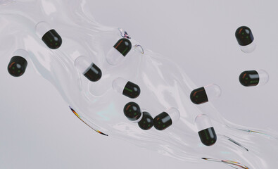 Wall Mural - 3D illustration in modern minimal style, featuring floating black and white capsules over a glossy, translucent wave on a light background. The shapes are smooth, reflective, and dynamic.