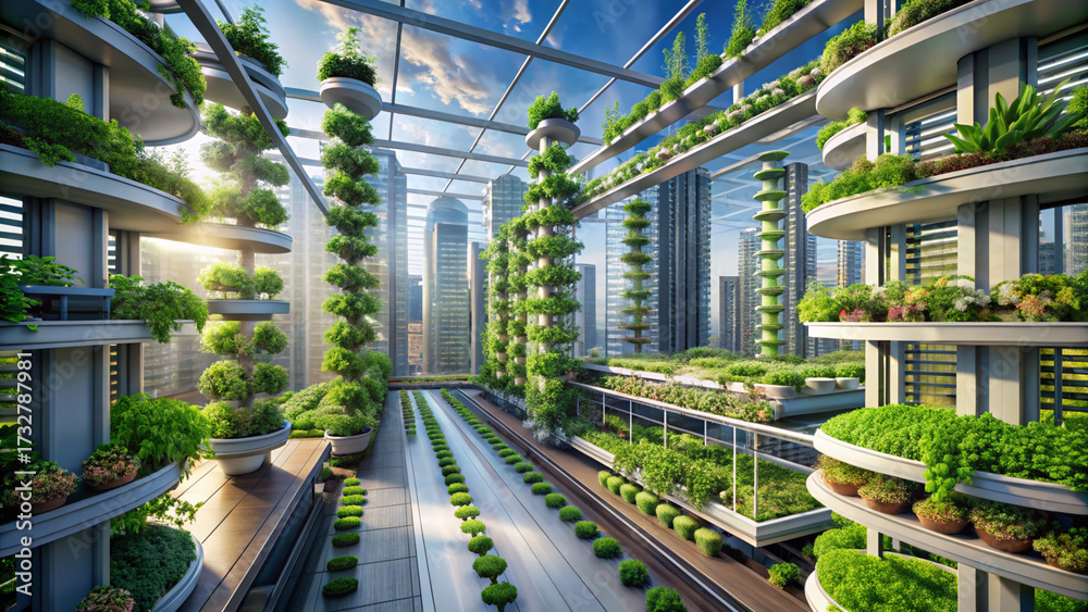 Futuristic Rooftop Gardens with Hydroponic and Vertical Farming Systems ...