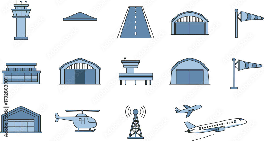 Стоковое векторное изображение «Airport and aviation icon set featuring ...