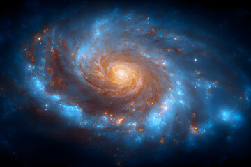 Wall Mural - Vibrant cosmic spiral galaxy with glowing blue and orange nebulae and distant stars