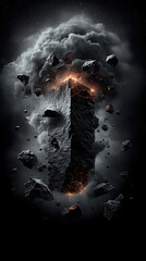 Wall Mural - Mysterious monolith emits fiery glow amidst floating rocks and cosmic dust