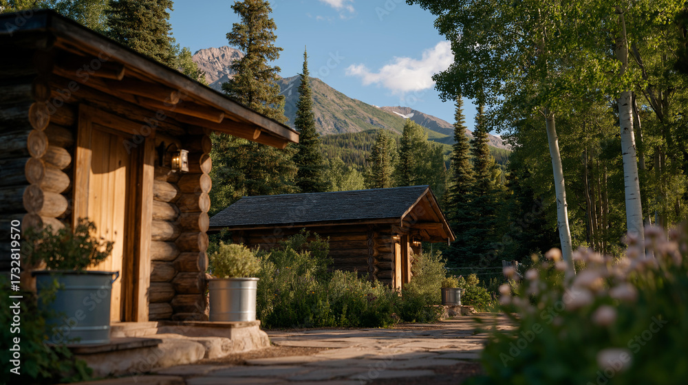 Image showcasing Outdoor composting toilets surrounded by rustic wooden cabins reflect ...