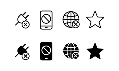 Wall Mural - Minimalist icon set of disconnected plug, blocked smartphone, globe, and star in outline style