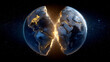 © KRNO - 3D rendering of Earth split into two glowing halves drifting apart in outer space