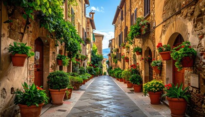  A narrow, sun-drenched cobblestone street in a historic European town, lined with aged stone buildings adorned with vibrant potted flowers and lush greenery