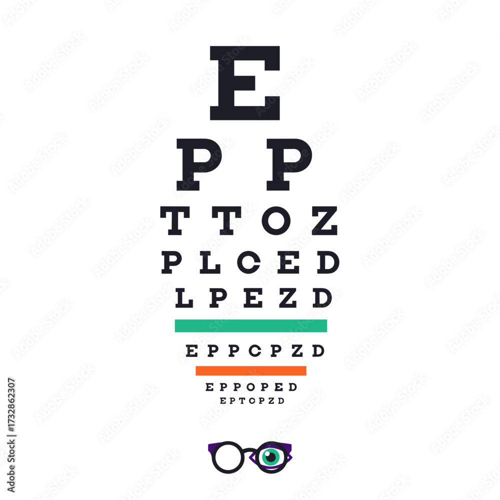 Eye Test Letters Paper Eye chart shows vision test letters, a diagnostic tool used by ...