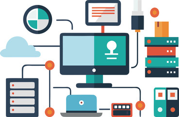 Scalable vector illustration of it worker items computer network and coding concepts isolated on transparent background