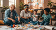 © Eduardo Accorinti - Happy diverse family, multiethnic parents sitting on the floor with their children while painting colorful handprints on canvas at home