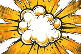A vibrant, radial burst of yellow and orange surrounds a large, central white cloud, evocative of a comic book explosion or impact effect. The style is dynamic and energetic