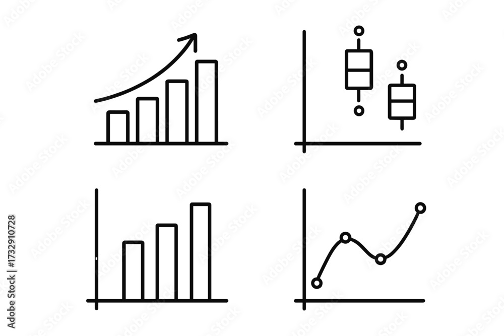 Four simple line graphics depicting different types of data ...