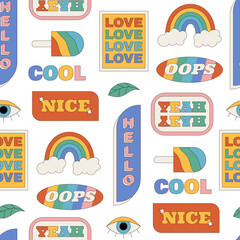 Wall Mural - Groovy y2k sticker seamless rainbow background in colorful retro style pattern. Patch, badge and label motifs blend with typography and eye elements. Bright background, perfect for trendy pop vintage