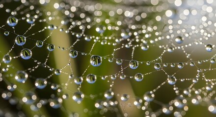 Dew-Kissed Webs: A close-up of a delicate spiderweb, adorned with glistening dewdrops, catching the early morning light and showcasing nature's intricate beauty and craftsmanship.
