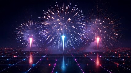 Vibrant fireworks exploding in the night sky, celebrating success with bursts of color and light over a futuristic cityscape, perfect for festive events