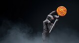 Front view of monster hand holding swirl lollipop in smoke
