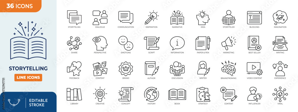 Storytelling line editable icon set. Stock Vector | Adobe Stock
