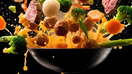 Colorful mix of vegetables, meat, and meatballs exploding from a wok, showcasing a culinary delight.