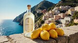 homemade limoncello bottle on amalfi coast rocks with ripe lemons and sunny background | travel, beverage, italian, food, summer theme