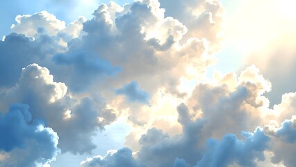 Wall Mural - A stunning view of fluffy clouds illuminated by sunlight, creating a serene and ethereal atmosphere in the sky.