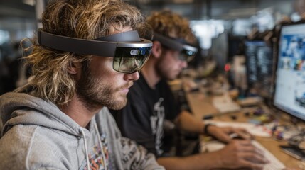 Two men using augmented reality headsets at a desk with a computer screen for work