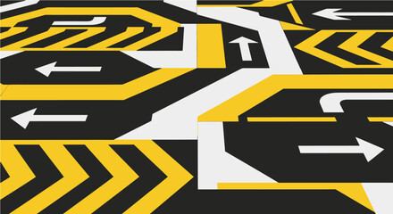 Directional Abstract Yellow & White Arrows Guiding Paths Across Contrasting Road Surfaces