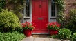 © ties.studio - Charming Red Front Door with Flowers with Inviting Entrance, Summer Sunlight, and UK Home.