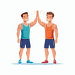 © 3okaad_Vectors - Two athletic men high-five after a workout. They wear tank tops and shorts, showcasing fitness and teamwork. Energetic, positive, and motivational.