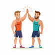 © 3okaad_Vectors - Two athletic men high-five after a workout. They wear tank tops and shorts, showcasing fitness and teamwork. Energetic, positive, and motivational.