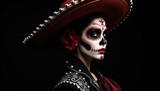 Close-up portrait of Catrina woman with mariachi outfit on black background