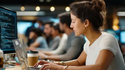 Code Weaver at Work: A focused individual, engrossed in coding on a laptop, is surrounded by the hum of a modern office.