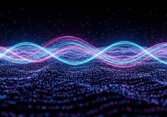 Wall Mural - Abstract blue and pink neon waves flowing over a textured dark digital landscape