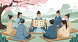 © Kanan Studio - Ancient Chinese scholars studying scroll outdoors under cherry blossoms. Traditional cultural education and learning scene.