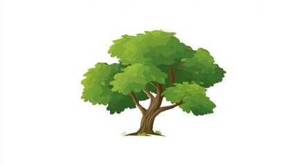 Isolated single green tree with leaves and branch on a white background for spring or summer nature illustration