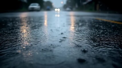 Wall Mural - ﻿Heavy rain falls onto a dark, wet asphalt street, creating mesmerizing ripples and reflections under moody, overcast lighting with a slow dolly shot commercial, ripples, reflections