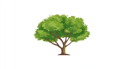 Single green tree isolated on white background with foliage and branch in spring or summer