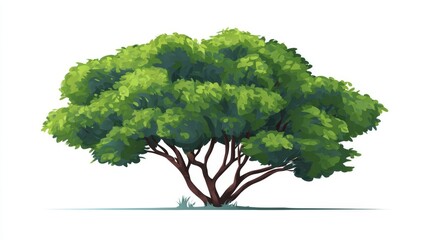 A vibrant digital illustration of a solitary, wide-canopied acacia tree with a thick trunk and lush green foliage, isolated on a clean white background.
